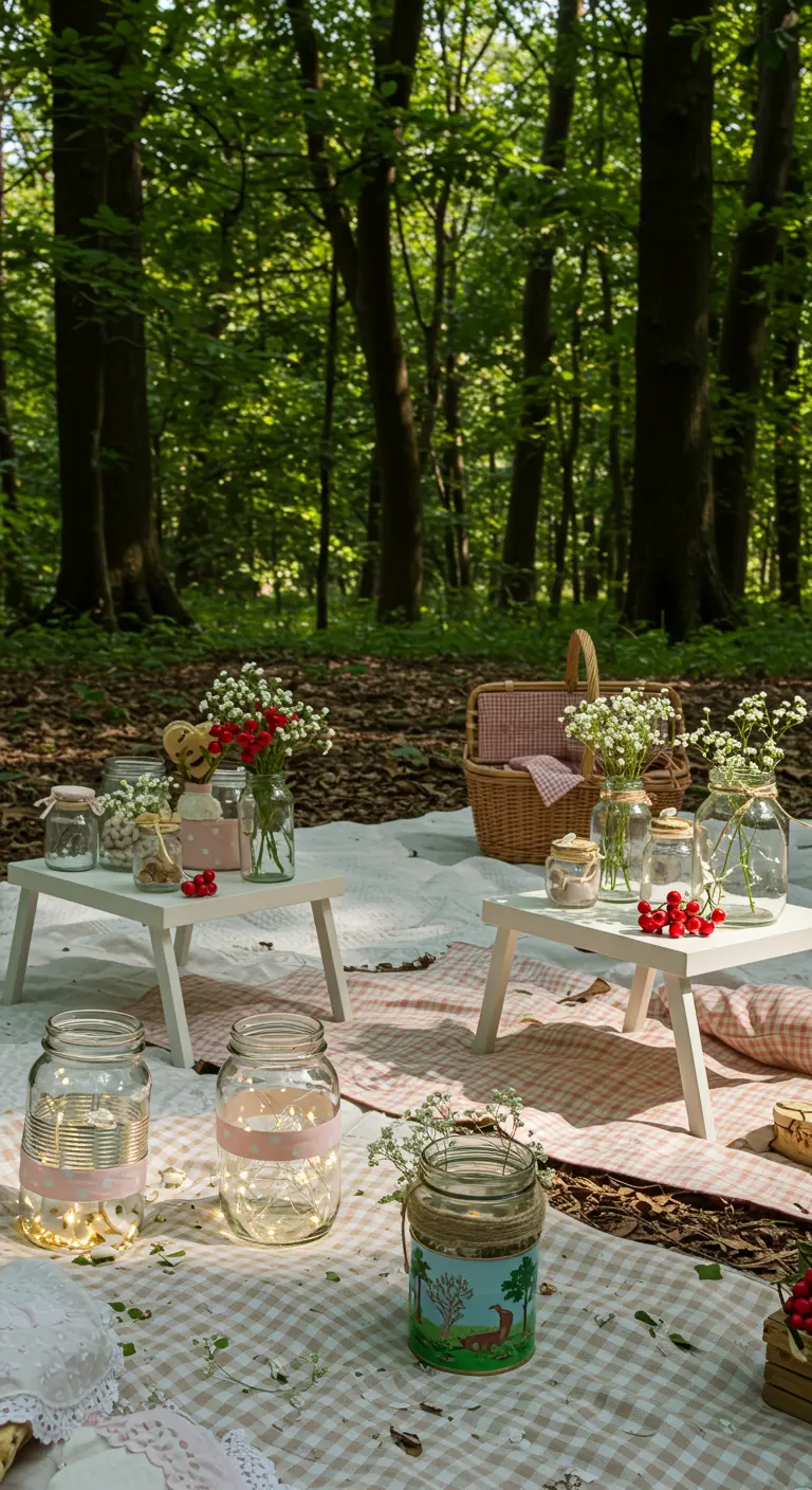 Outdoor picnic scene with gingham blankets, low tables, and glass jars with flowers and berries.
