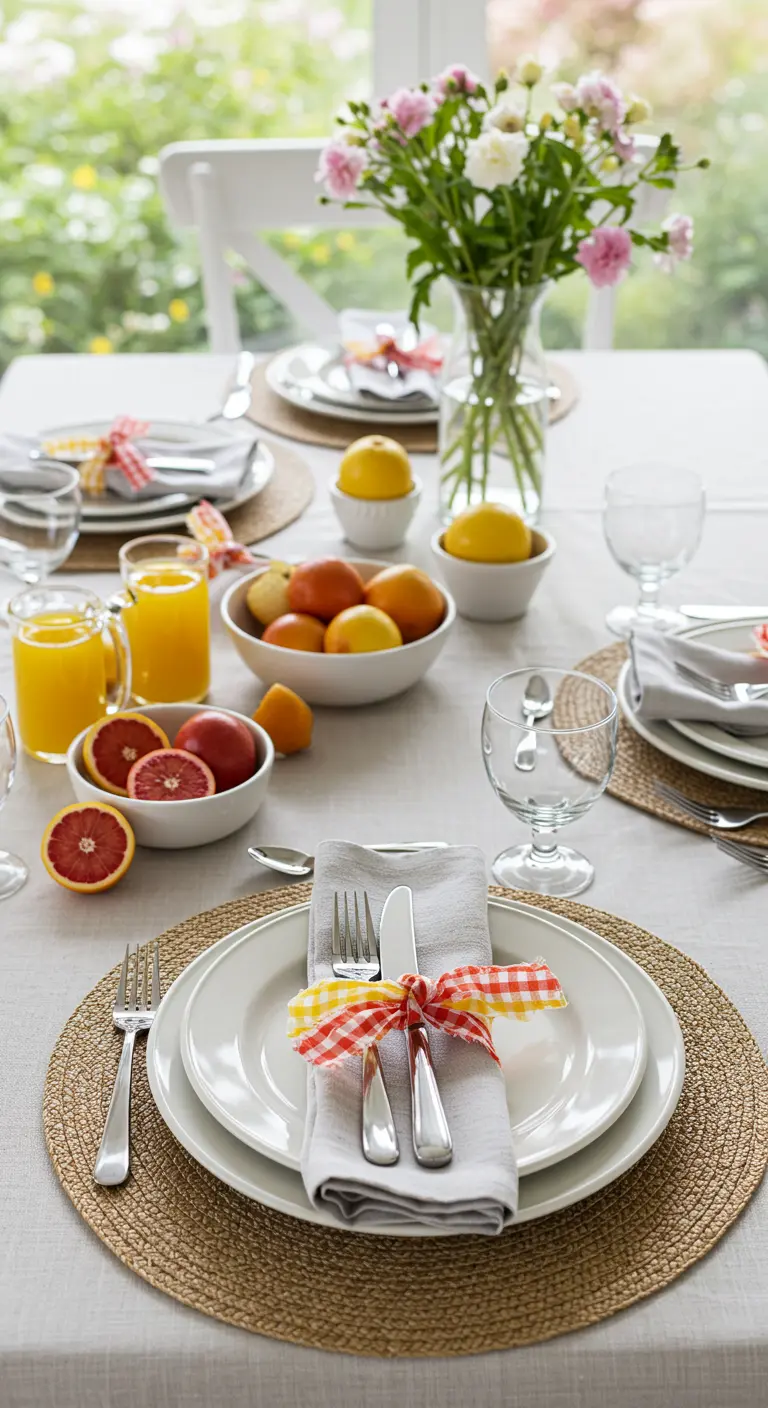 A white napkin and silverware tied with a red and yellow gingham fabric bow.