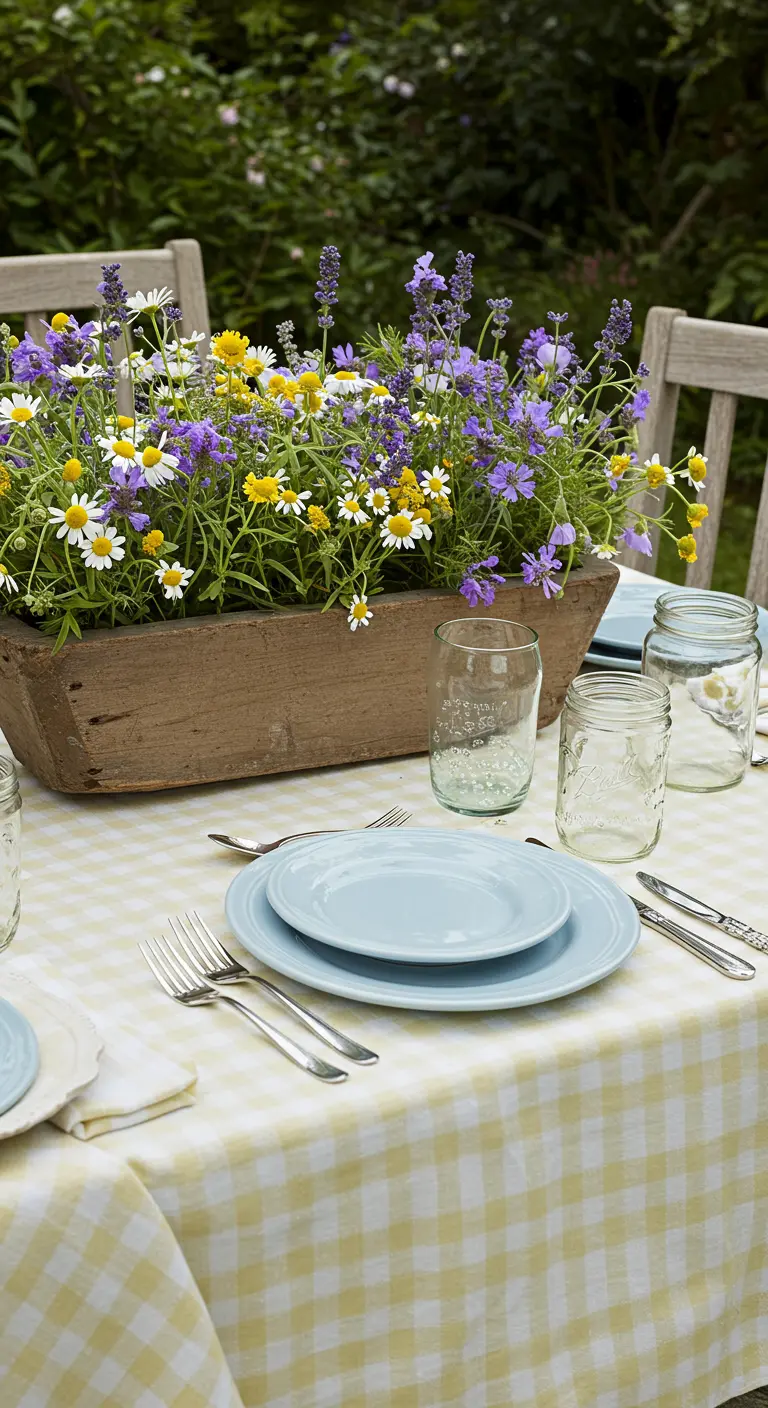 Table with a yellow gingham cloth and a wooden planter centerpiece full of wildflowers.