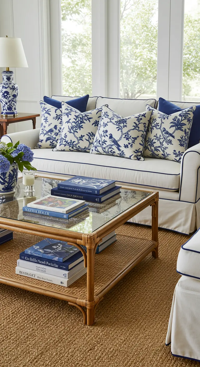 A traditional living room with a white sofa, blue-and-white chinoiserie pillows, and a rattan coffee table.