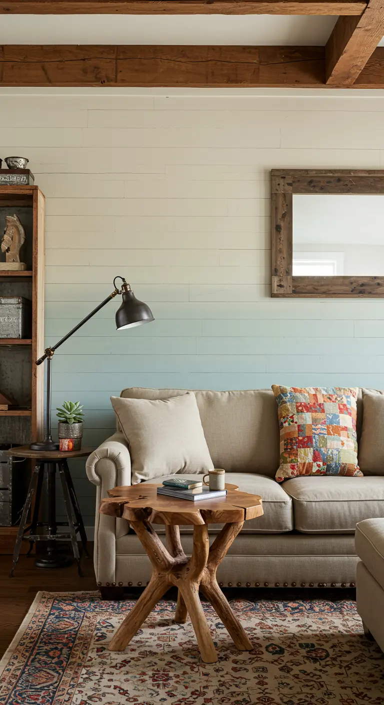 Rustic living room with a shiplap wall painted in a white-to-blue ombre effect.