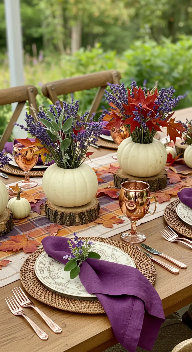 Fall table with lavender arrangements in white pumpkin vases and copper mugs.