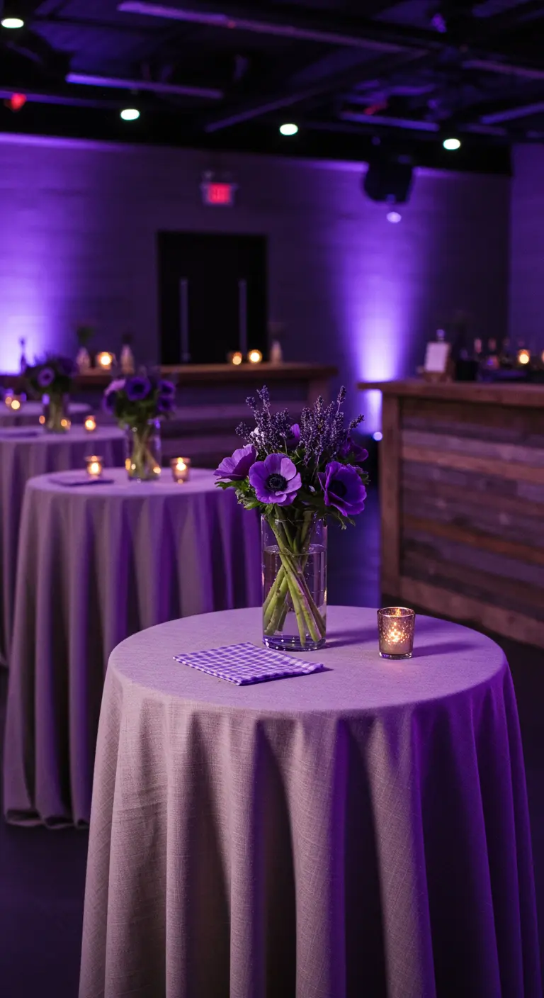 Cocktail tables with small floral arrangements bathed in dramatic purple uplighting.