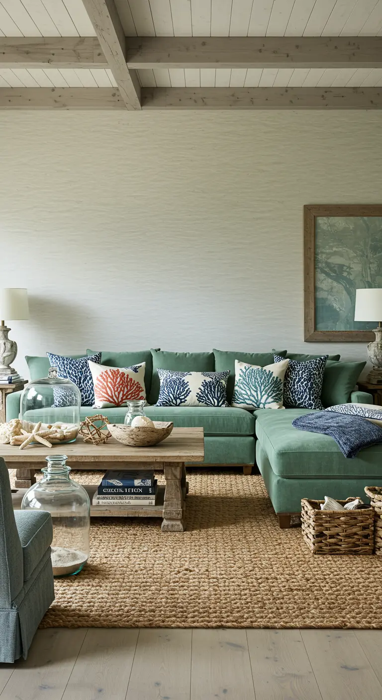 Seafoam green sectional with coral and blue patterned pillows and a jute rug.