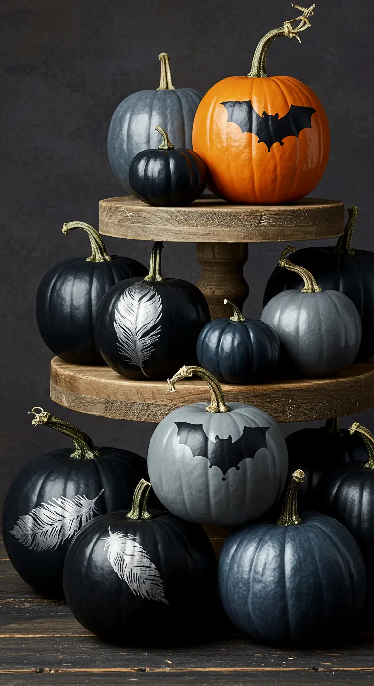 A collection of black, grey, and orange pumpkins decorated with silver decals and gold stems.