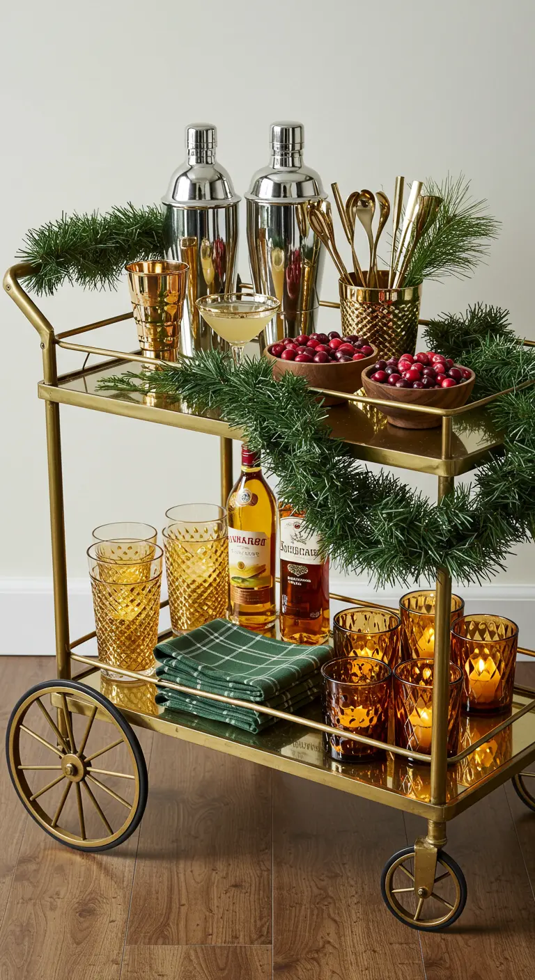 A gold bar cart styled with a pine garland, gold cocktail accessories, and bowls of cranberries.