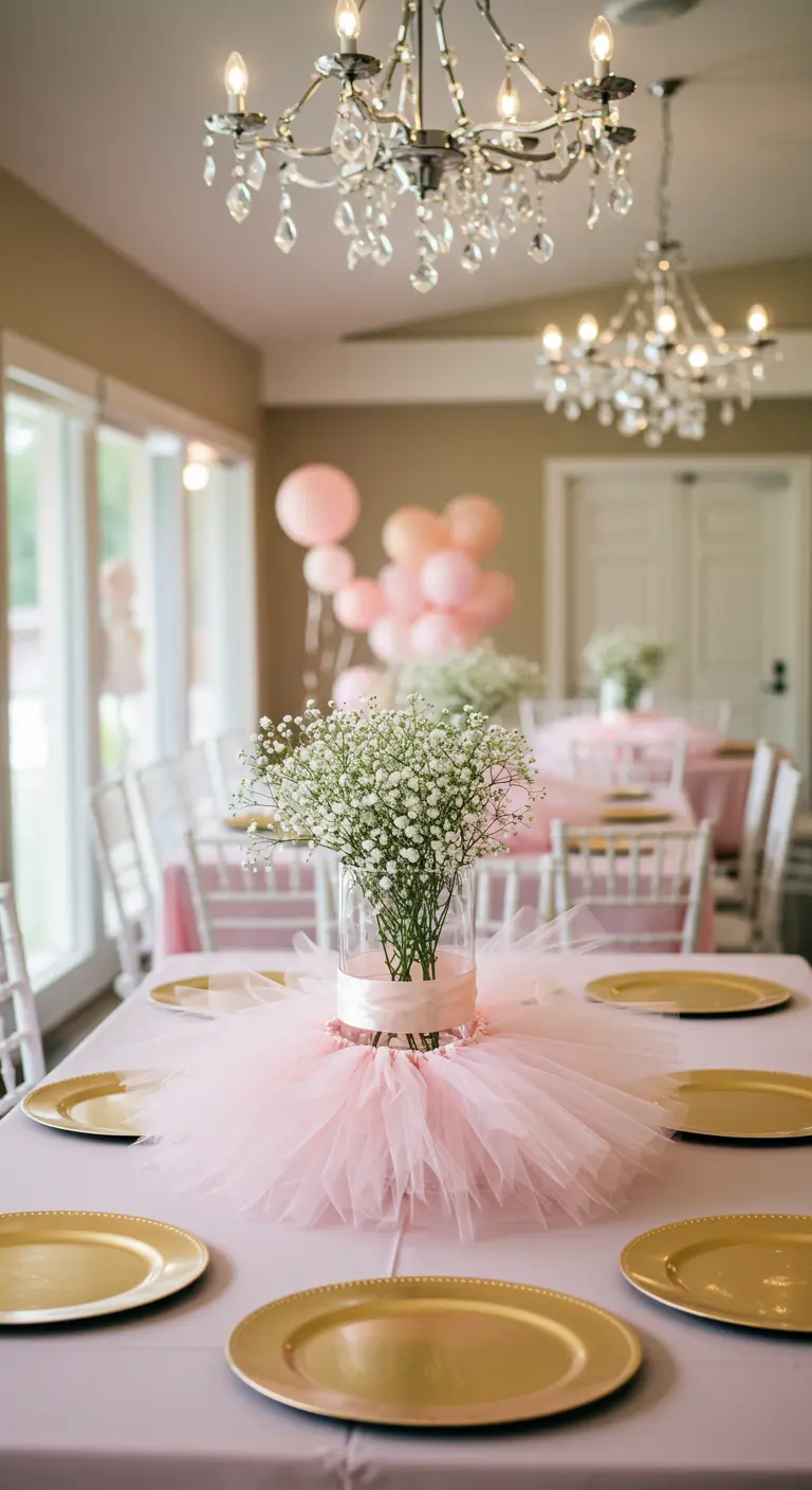 A glass vase centerpiece wearing a fluffy pink tulle tutu.