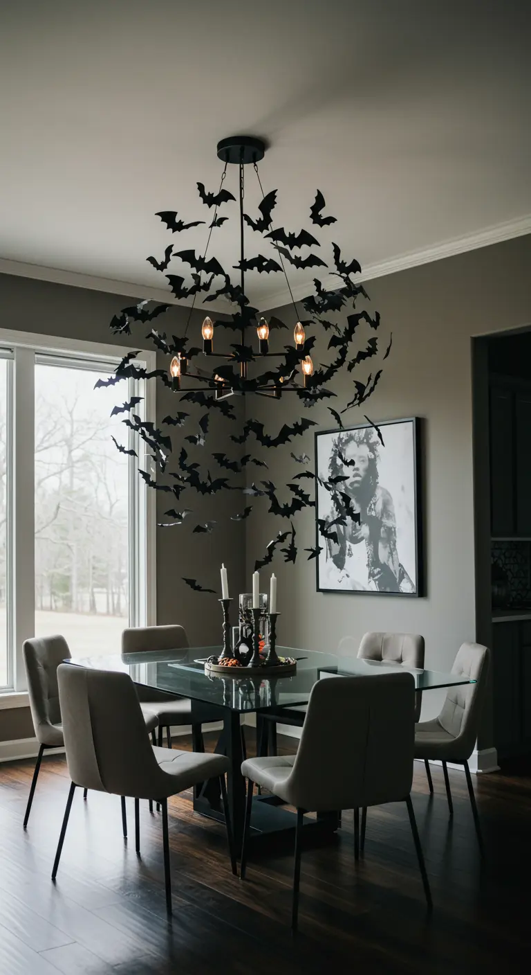 A modern chandelier with black paper bats attached to it, flying in a spiral.