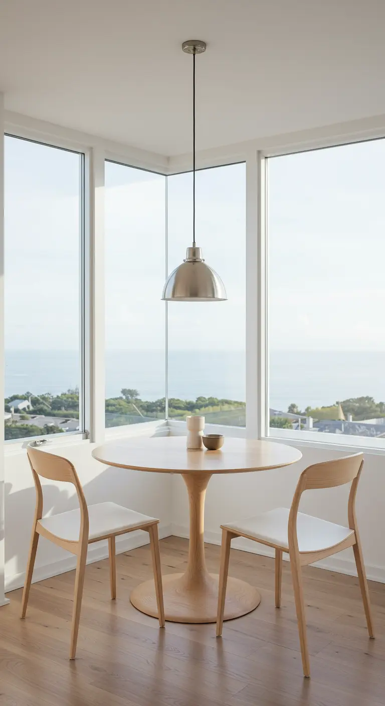 A round wood dining table and two chairs in a corner with floor-to-ceiling windows overlooking the sea.
