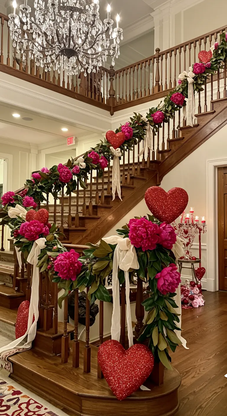 A grand wooden staircase decorated with a sweeping garland of magnolia leaves, pink peonies, and red glitter hearts.