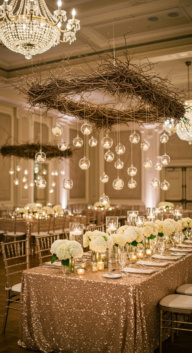 A hanging twig chandelier with glass candle orbs over a gold sequin wedding table.