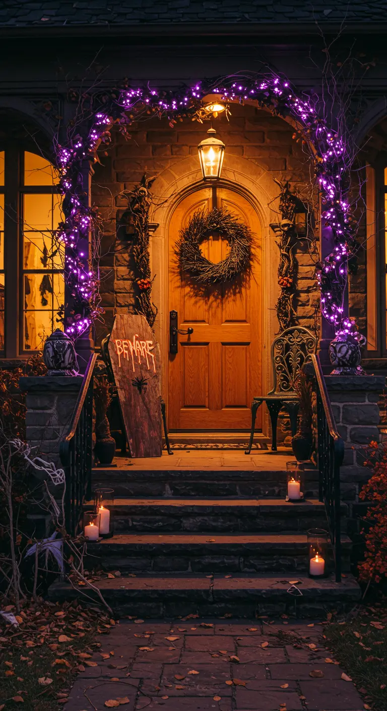 Spooky Halloween porch with purple lights, a twig wreath, and a coffin sign.