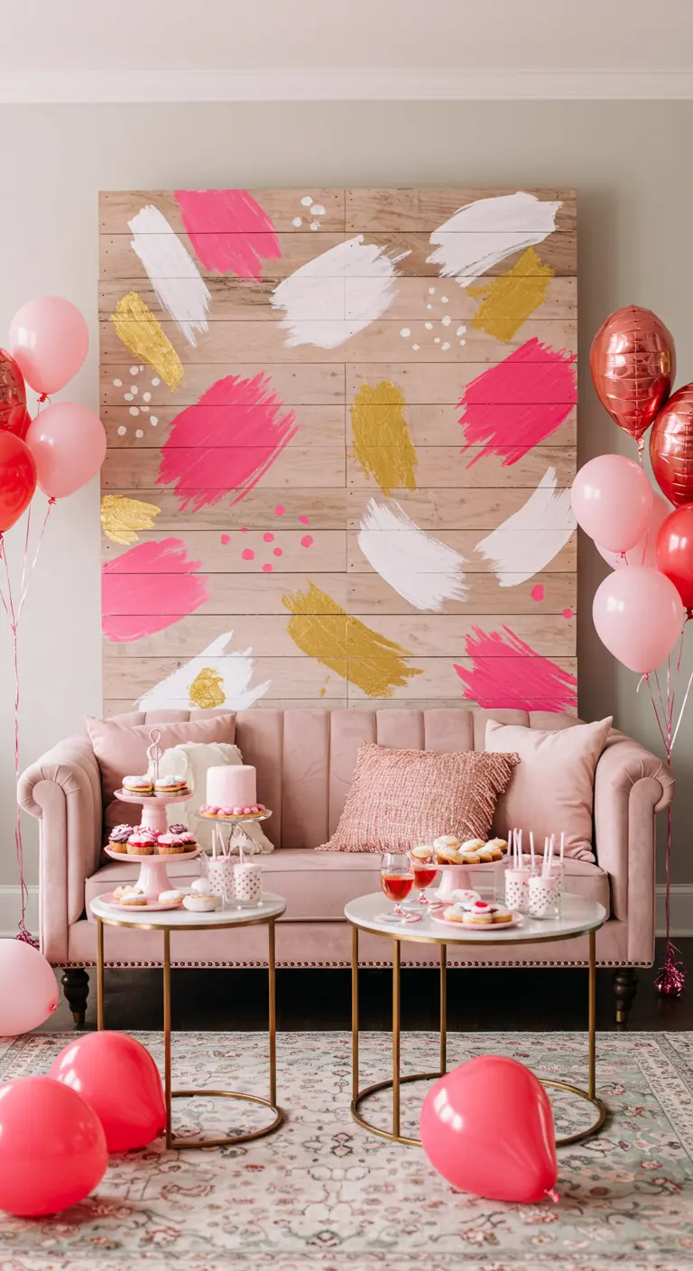 A backdrop made of wooden planks with abstract pink, white, and gold brushstrokes behind a pink sofa.