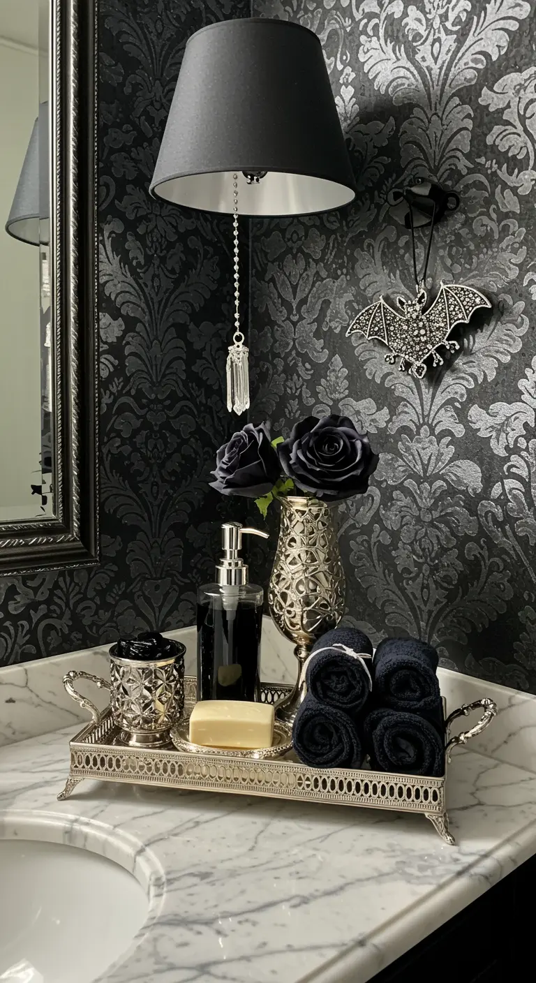 A chic Halloween bathroom with black damask wallpaper, black towels, and silver accessories.