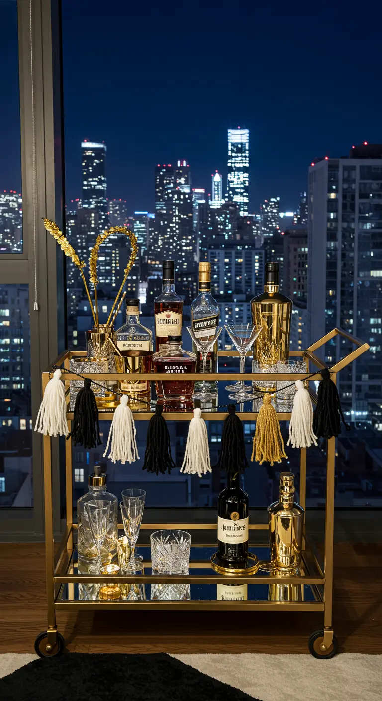 A gold bar cart decorated with a small black, white, and gold tassel garland.