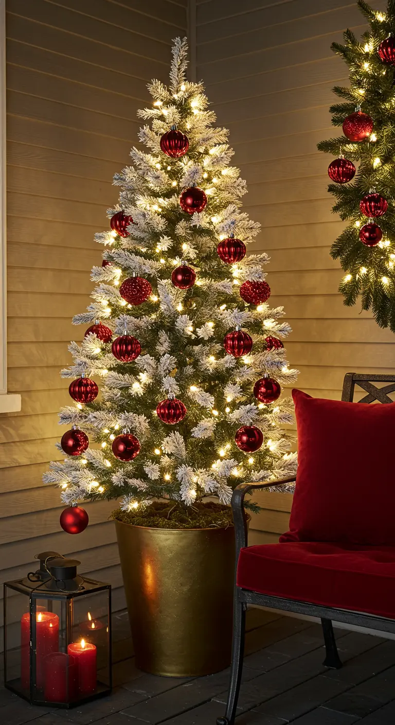 A flocked tree in a gold pot with red ornaments, next to a chair and lantern.