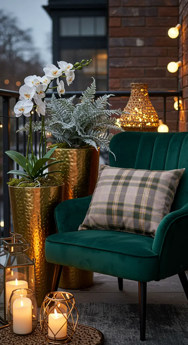 A glamorous balcony with a green velvet chair, plaid pillow, and gold planters with orchids.