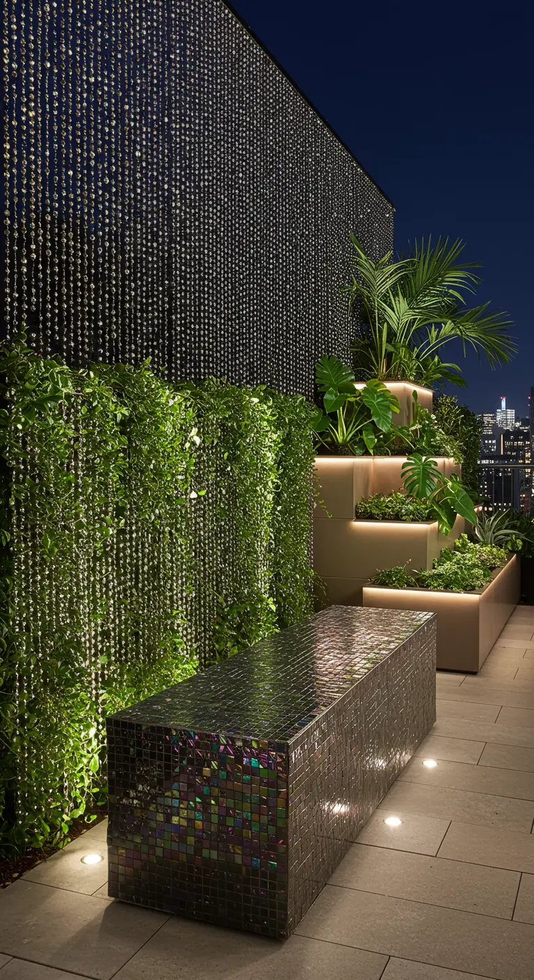 An iridescent mosaic bench on a rooftop terrace with a sparkling curtain backdrop.