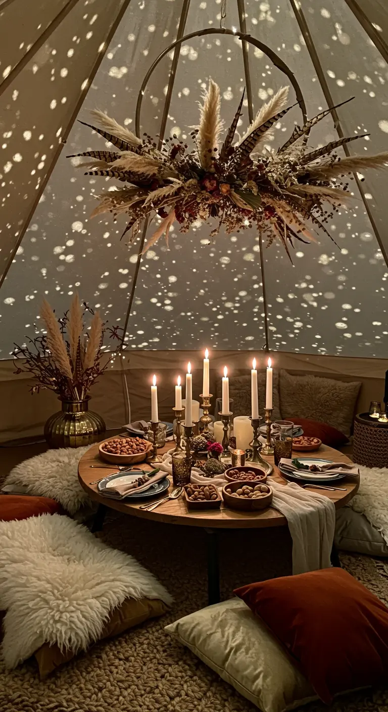 Cozy dining inside a tent with a dried flower chandelier.