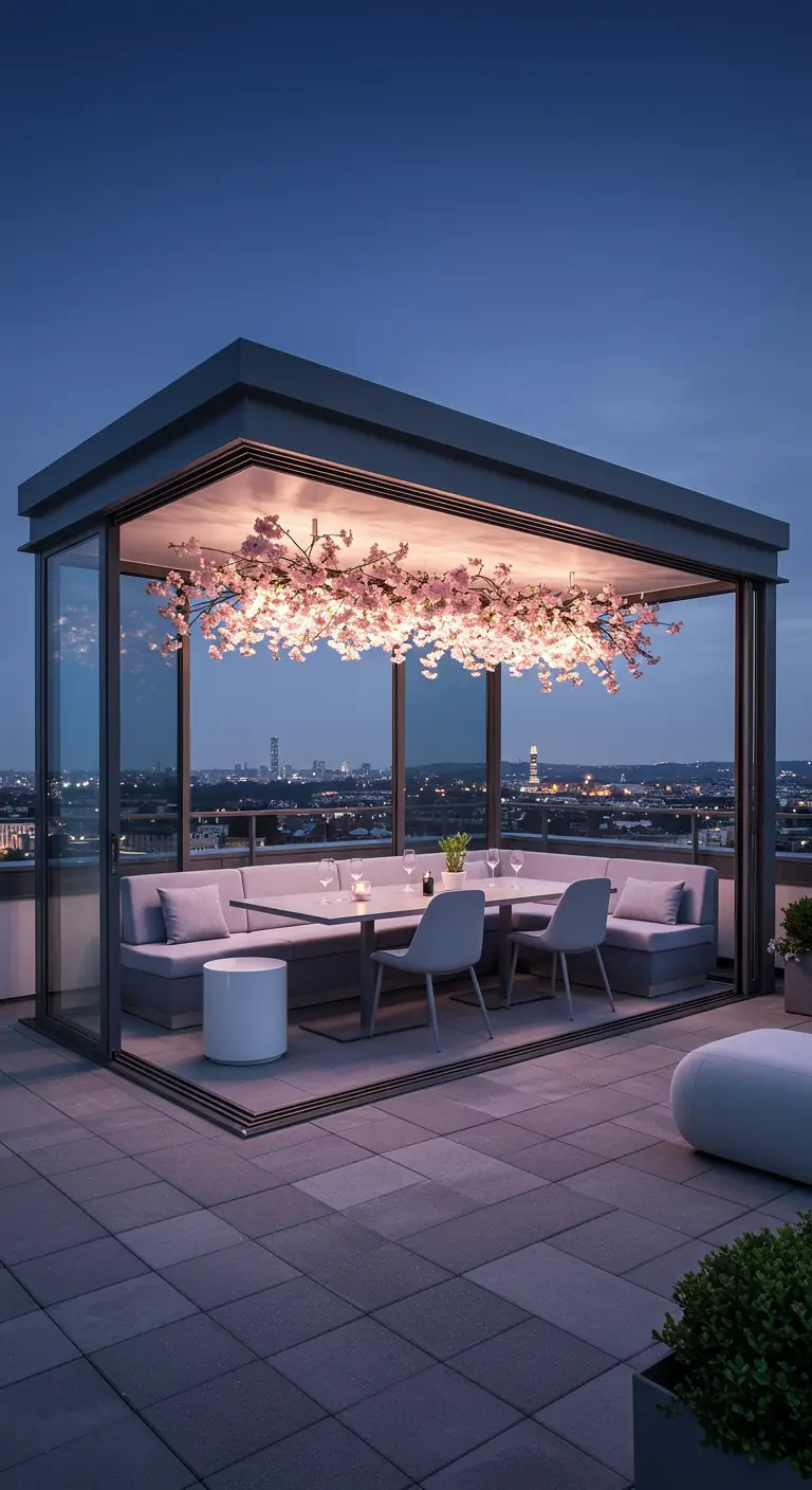 A modern glass-enclosed rooftop patio with a ceiling covered in pink cherry blossoms.