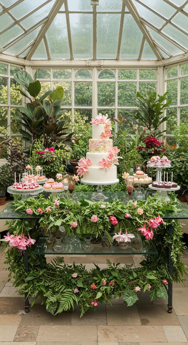 Wedding cake and desserts on a glass table wrapped in a lush fuchsia and fern garland.