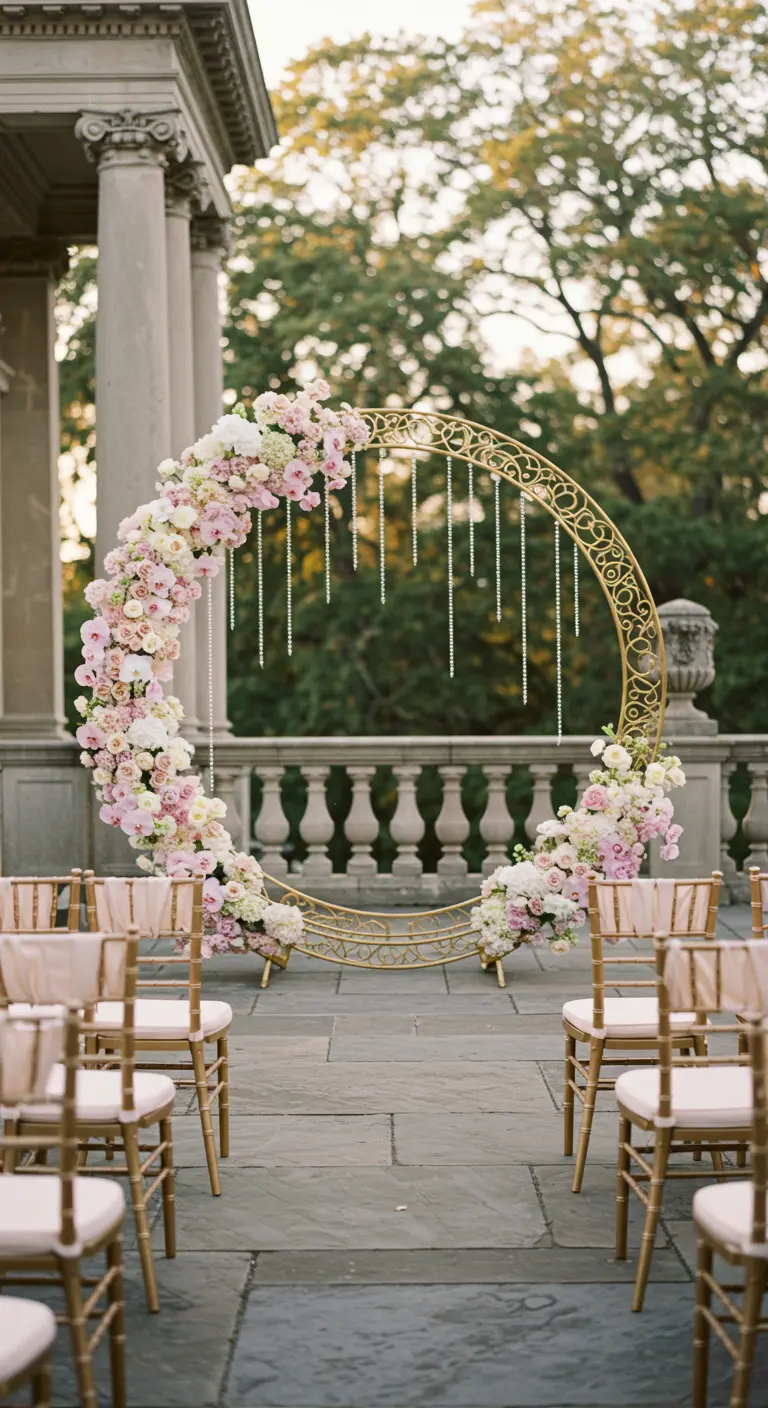 An ornate gold floral hoop with hanging crystal strands on a stone terrace.