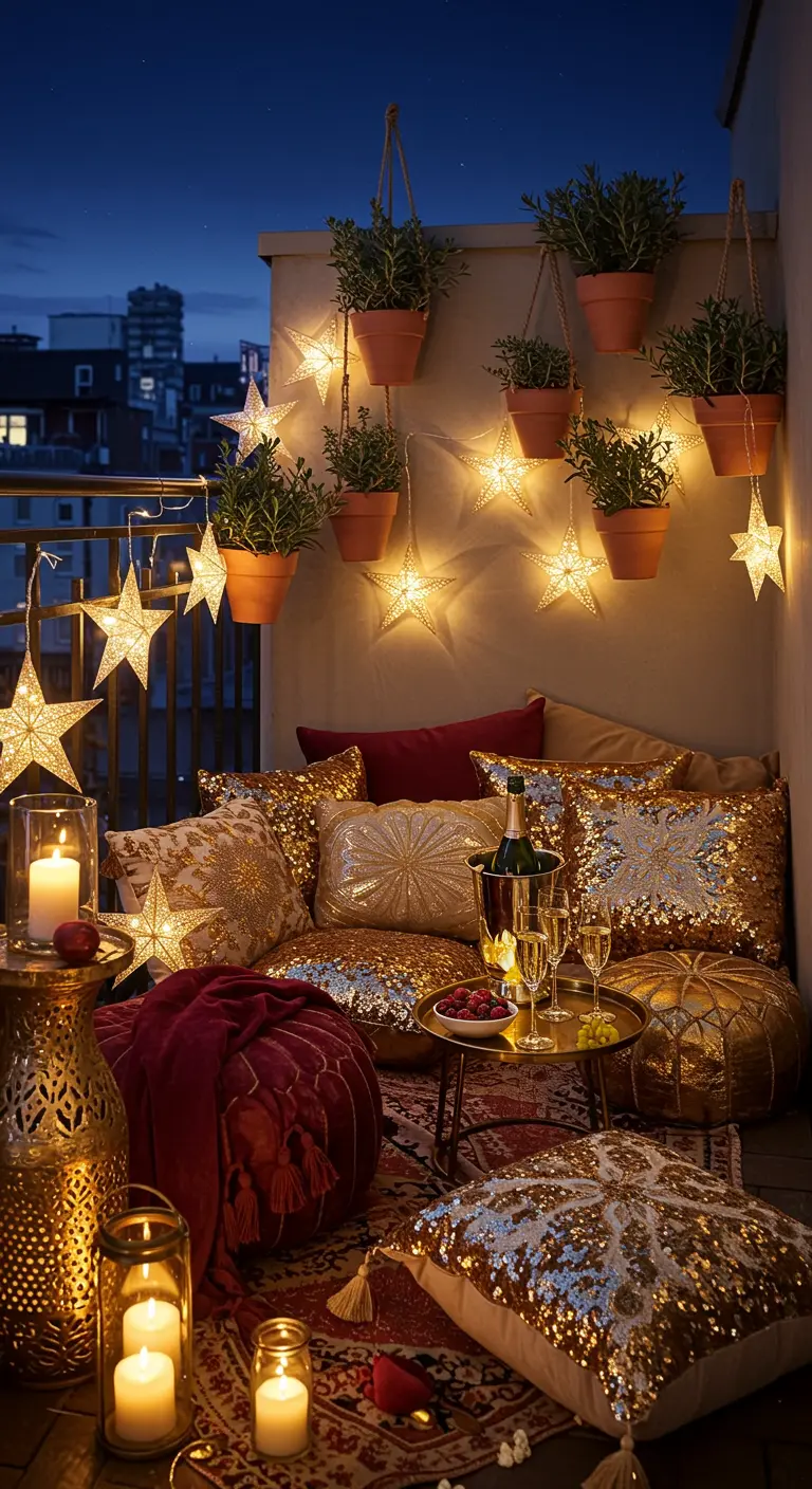 A glamorous balcony at night with sequin pillows, star-shaped lights, and champagne.