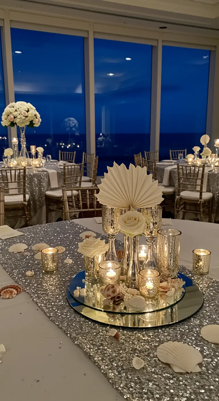 Glamorous wedding centerpiece with mercury glass, candles, and a silver sequin runner.
