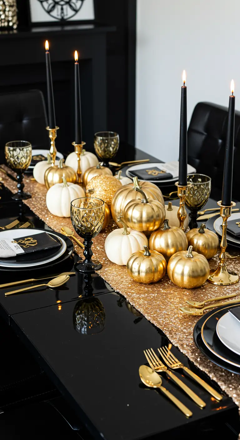 A glamorous black table with a gold sequin runner, gold-painted pumpkins, and black candles.