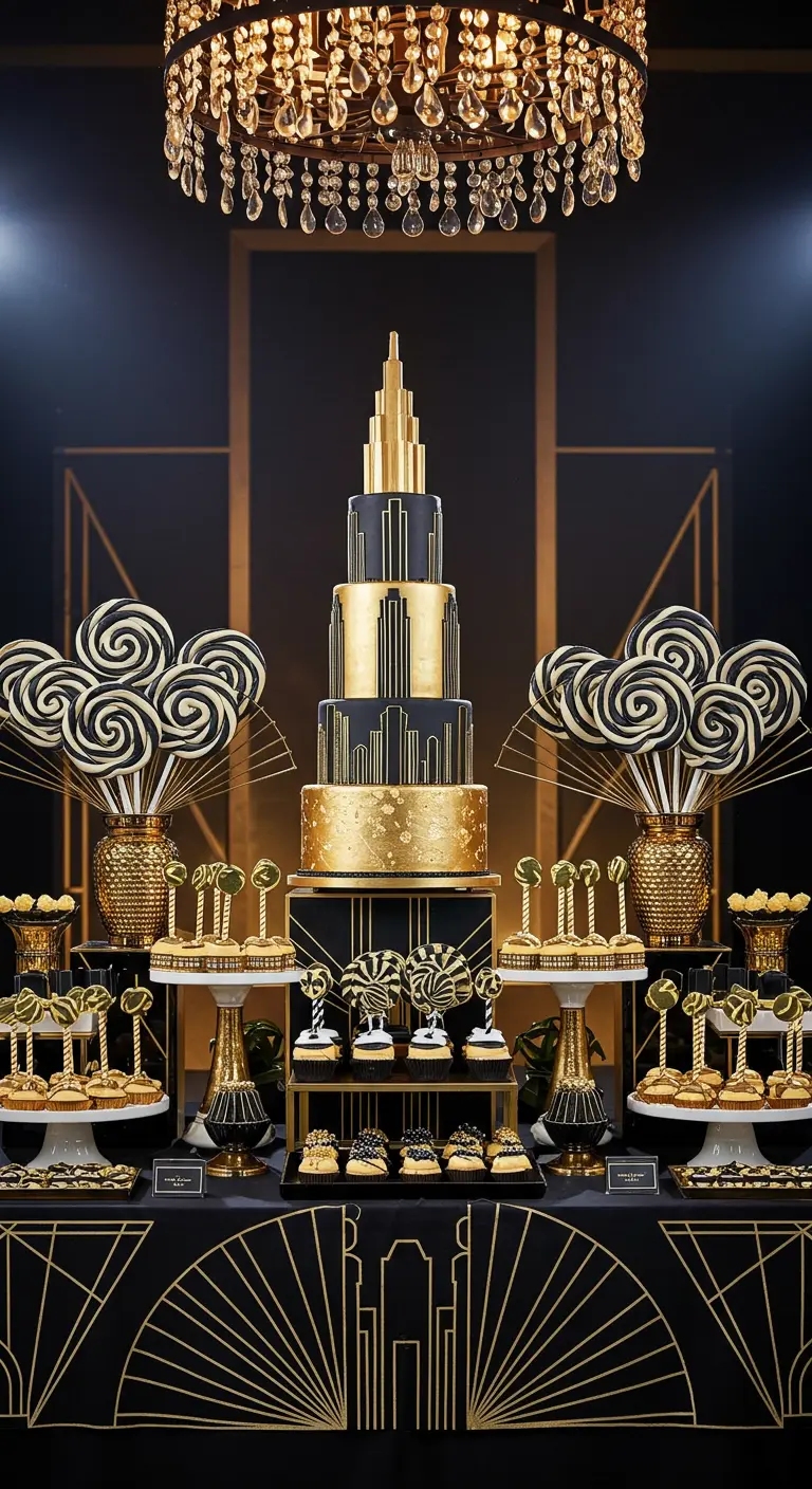 Glamorous Art Deco dessert table in black and gold with a tiered cake and chandelier.