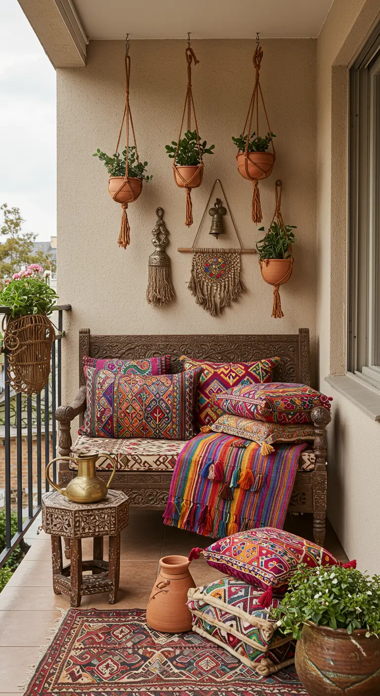 An eclectic balcony with a carved wooden bench, colorful embroidered pillows, and macrame wall hangings.
