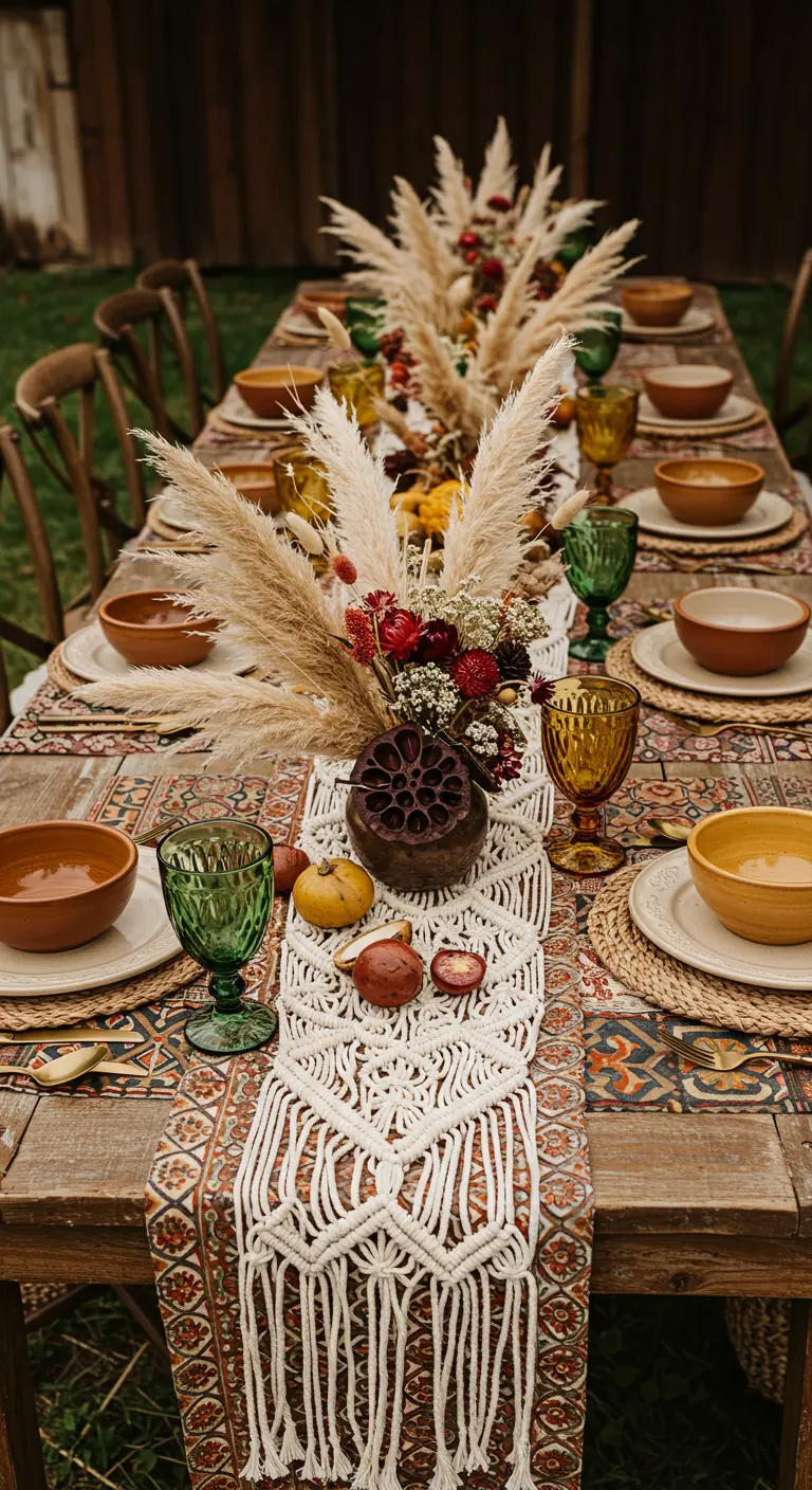 Eclectic tablescape with a patterned cloth, macramé runner, and colorful glassware.