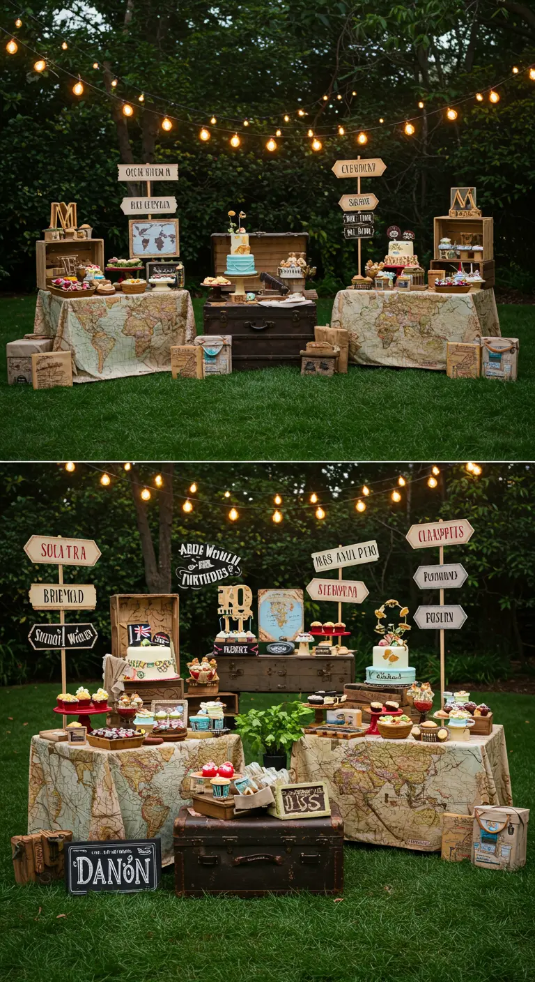 Outdoor dessert tables decorated with map tablecloths and directional signs.