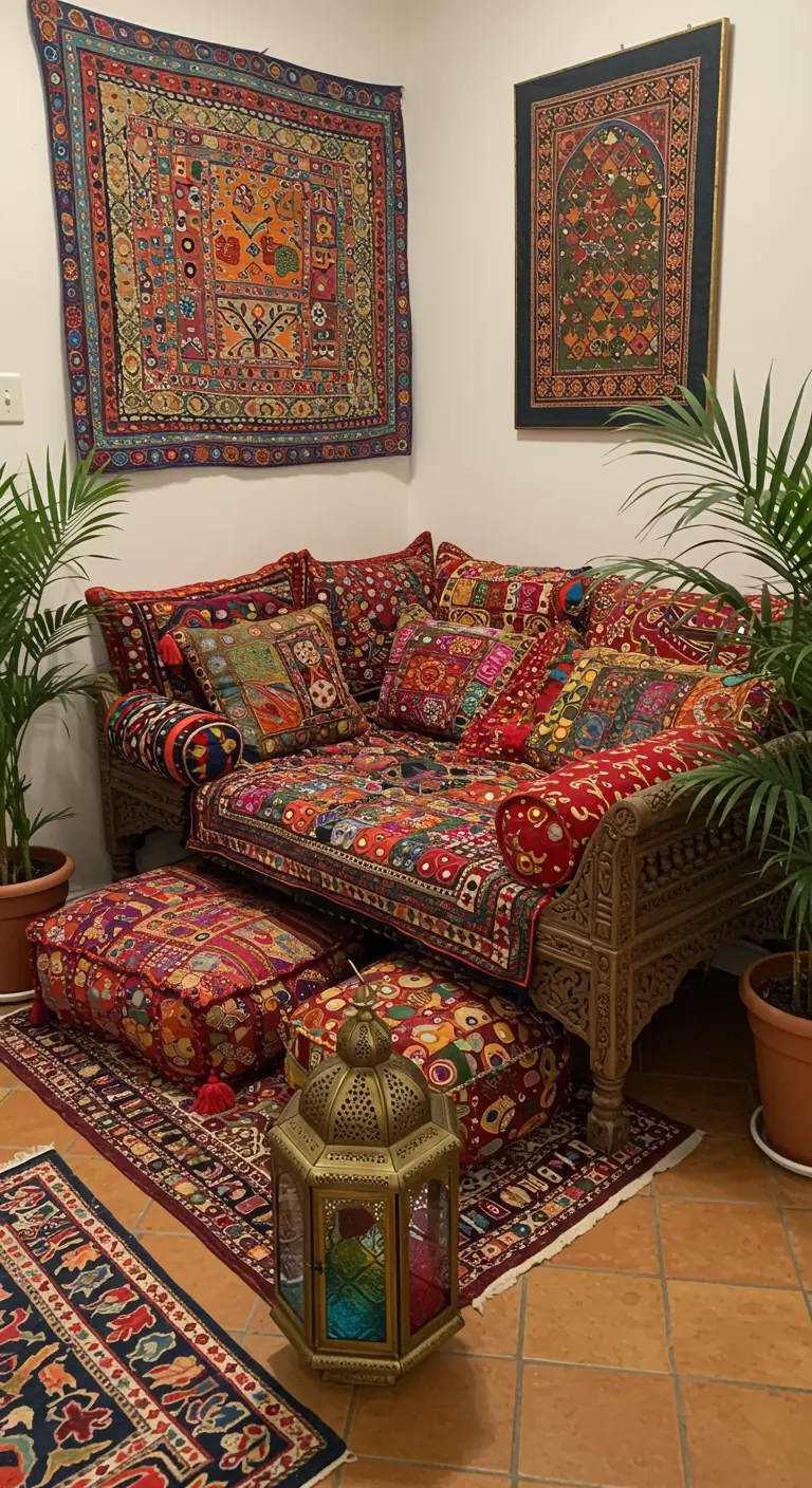 Vibrant, eclectic room with an ornately carved wooden daybed, colorful patterned textiles, and floor poufs.