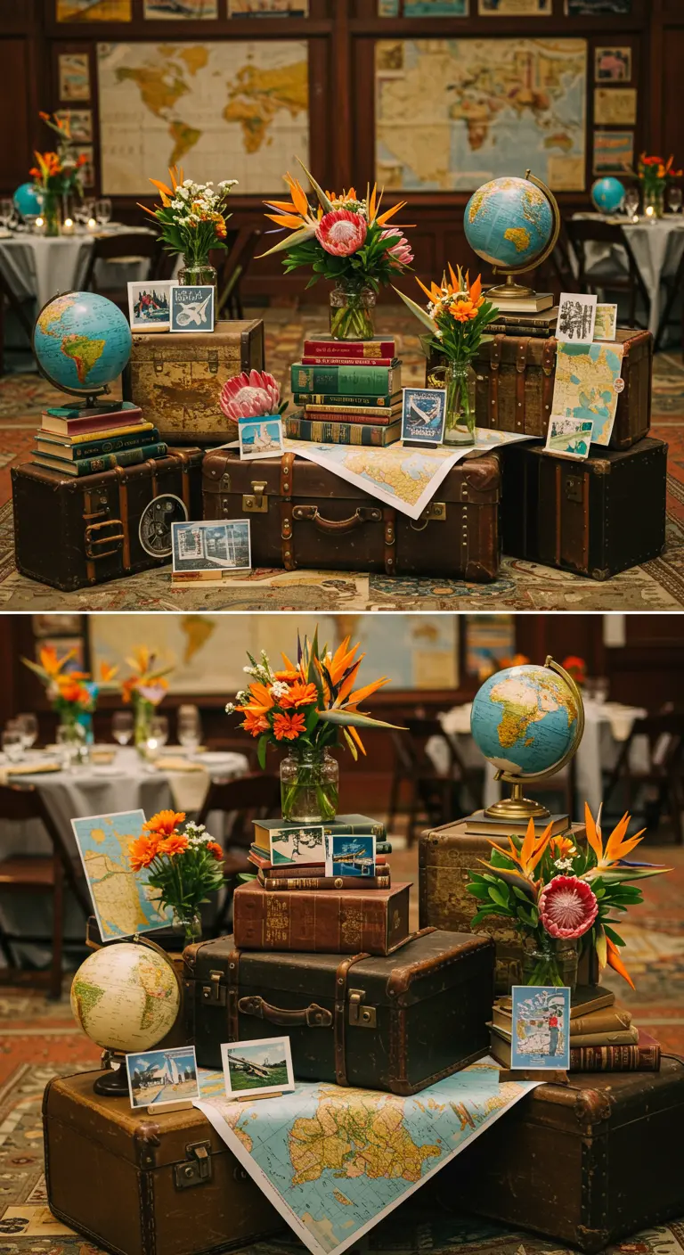 Vintage suitcases, globes, maps, and books with tropical flowers.
