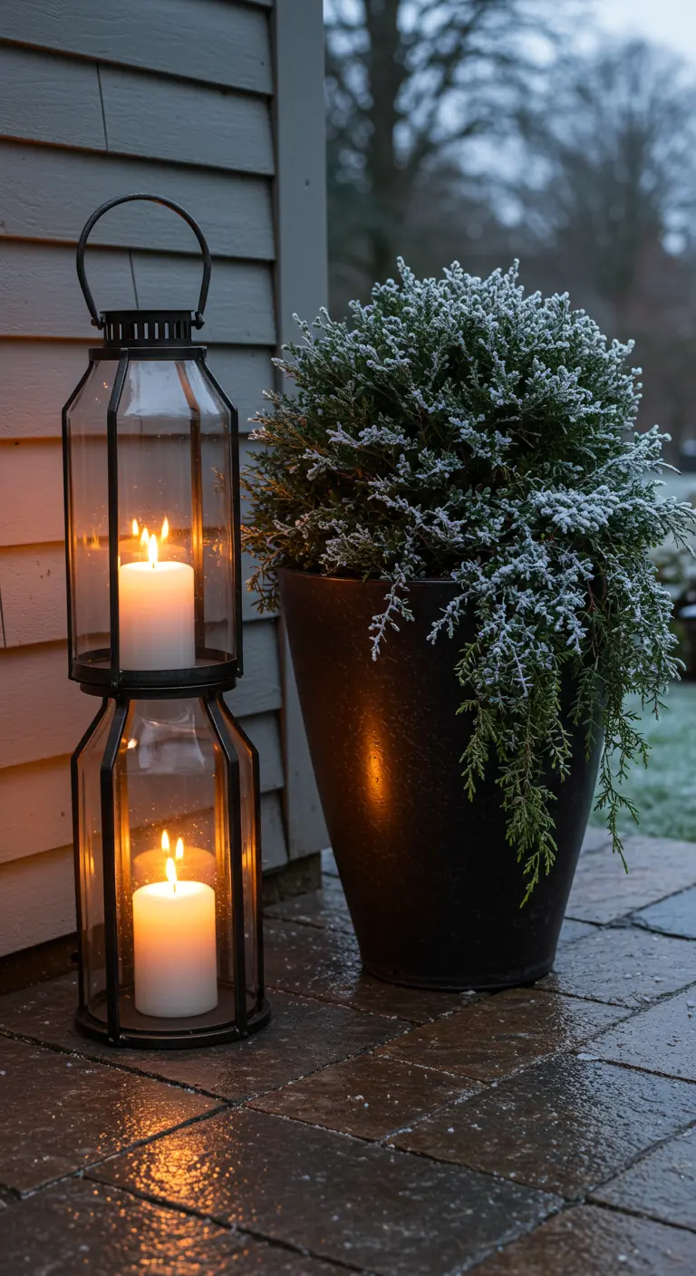 A black planter with frosted trailing juniper next to a tiered black lantern with lit candles.