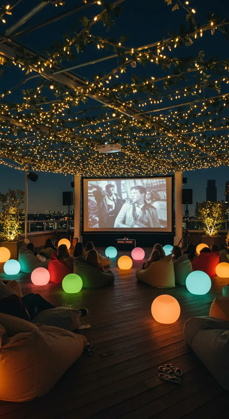 An outdoor movie screening on a rooftop, with people on beanbags surrounded by colorful glowing orbs.