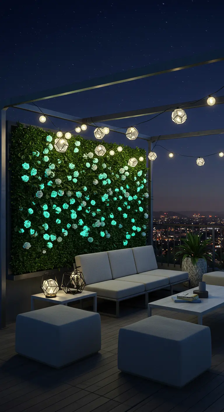 A rooftop lounge at night with a green wall where white roses glow with an ethereal light.