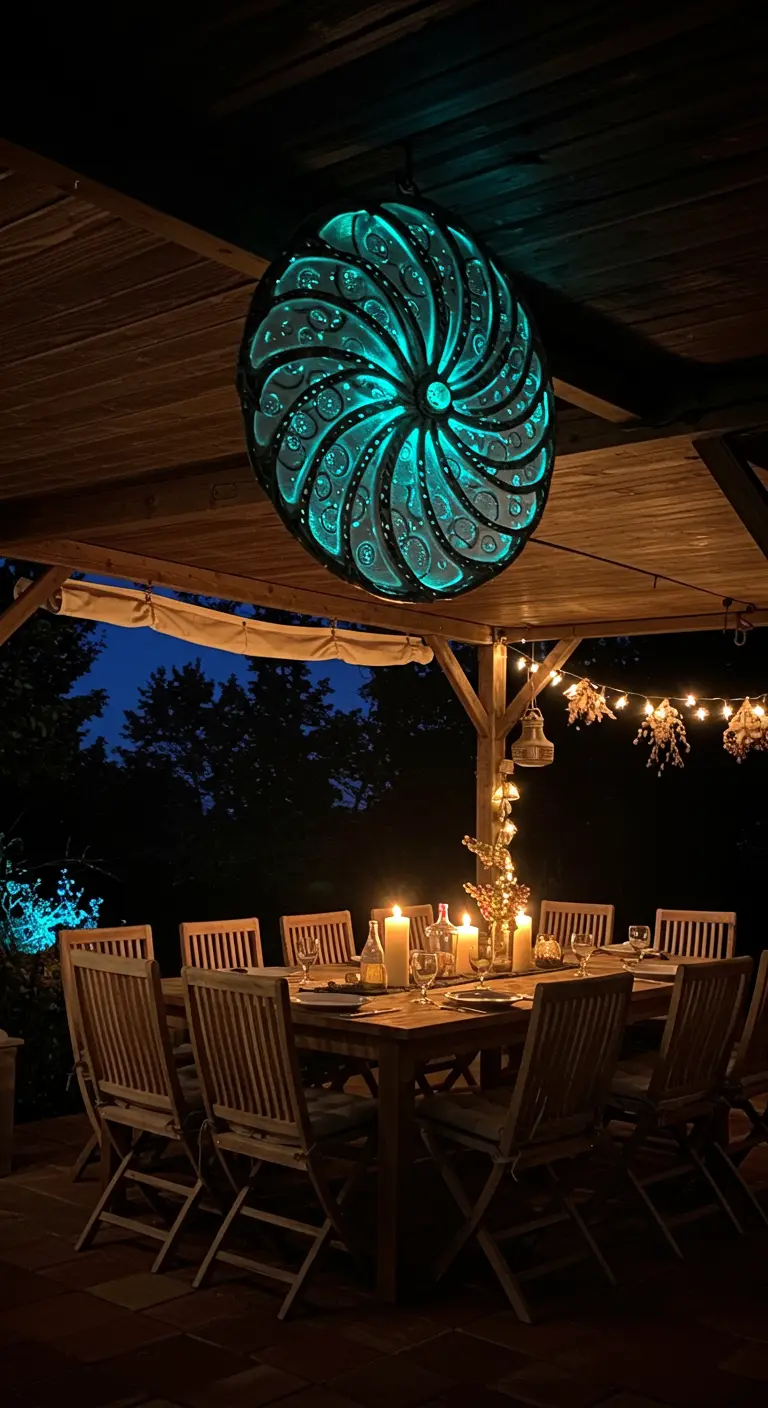 A large, glowing turquoise resin orb hanging over an outdoor dining table at night.