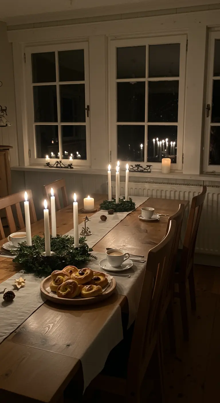 A cozy, candlelit dining table at night with traditional Swedish saffron buns.