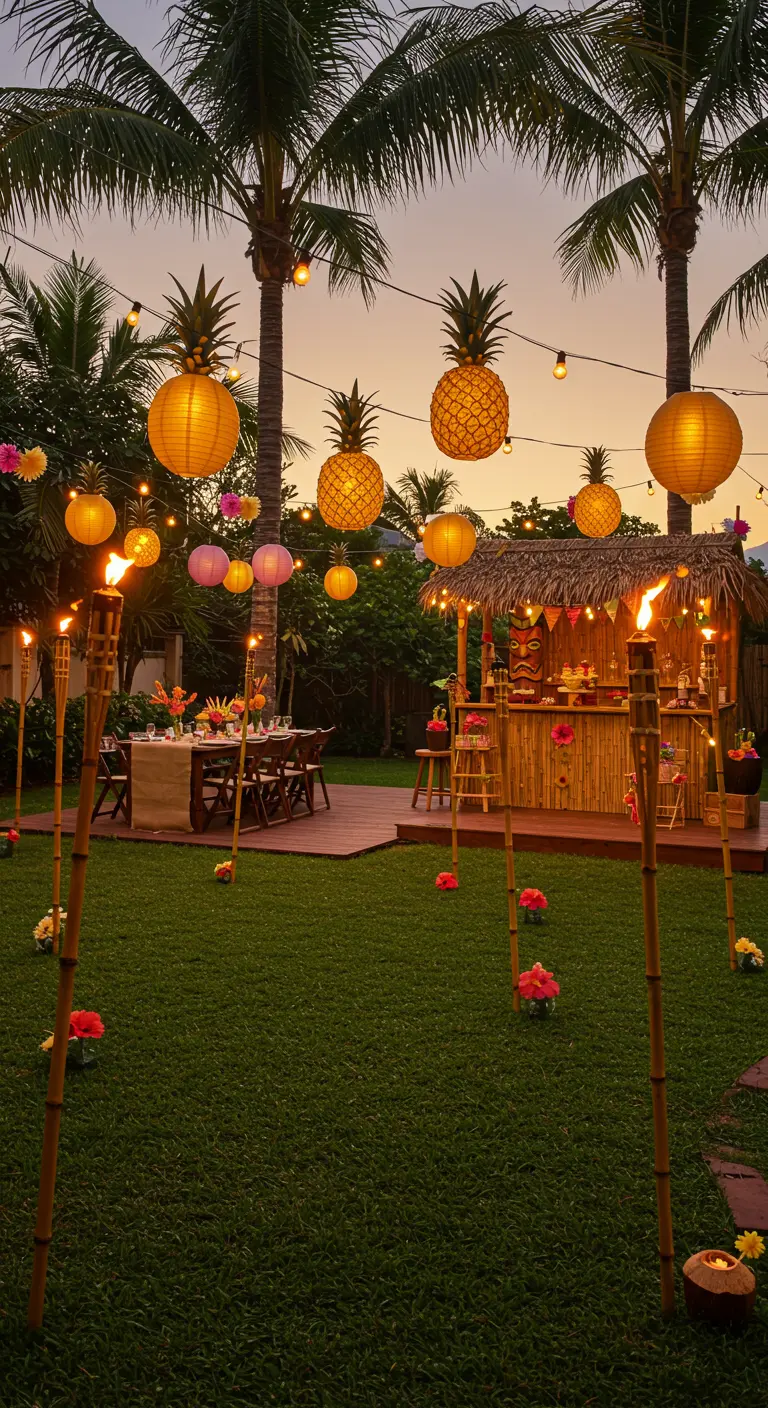Backyard luau at dusk with tiki torches and pineapple-shaped paper lanterns.