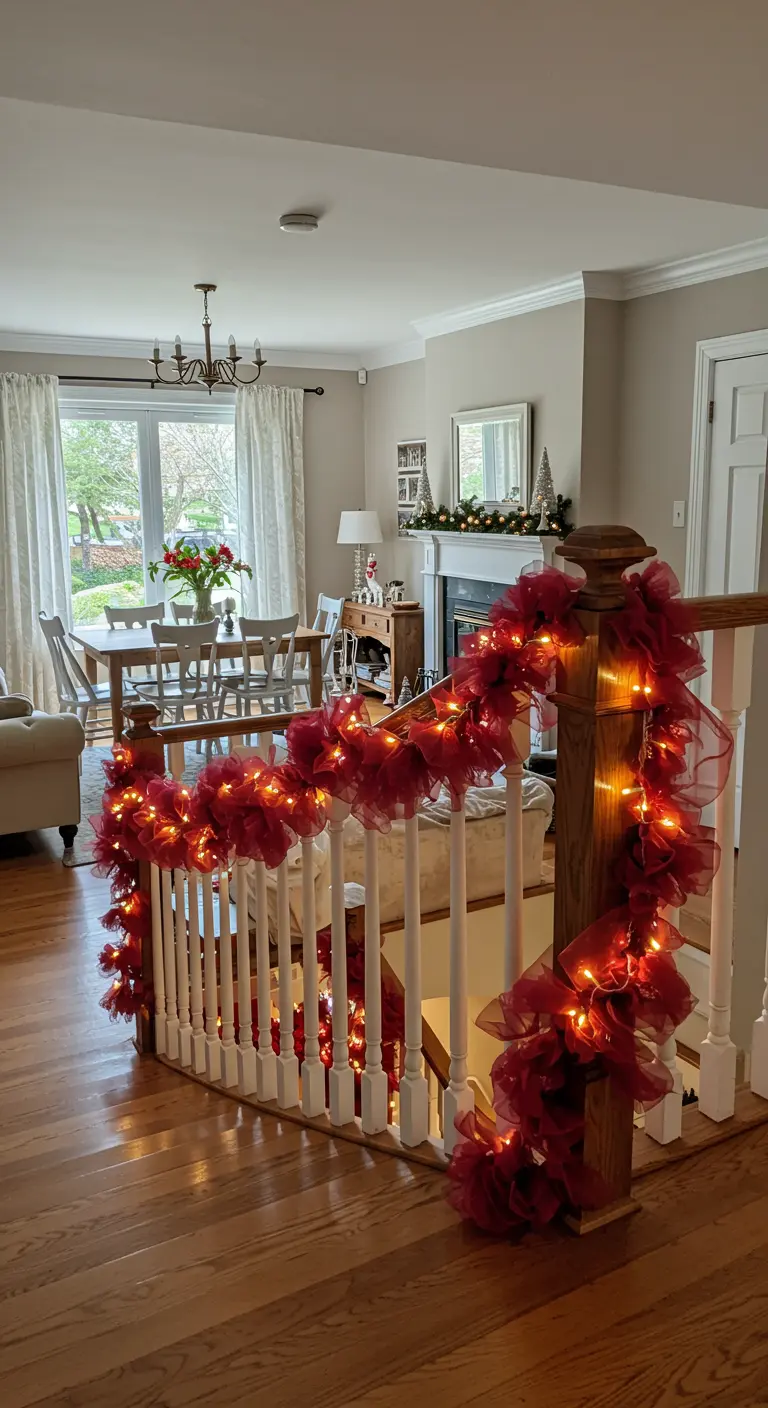 A staircase bannister wrapped in glowing red tulle and fairy lights.