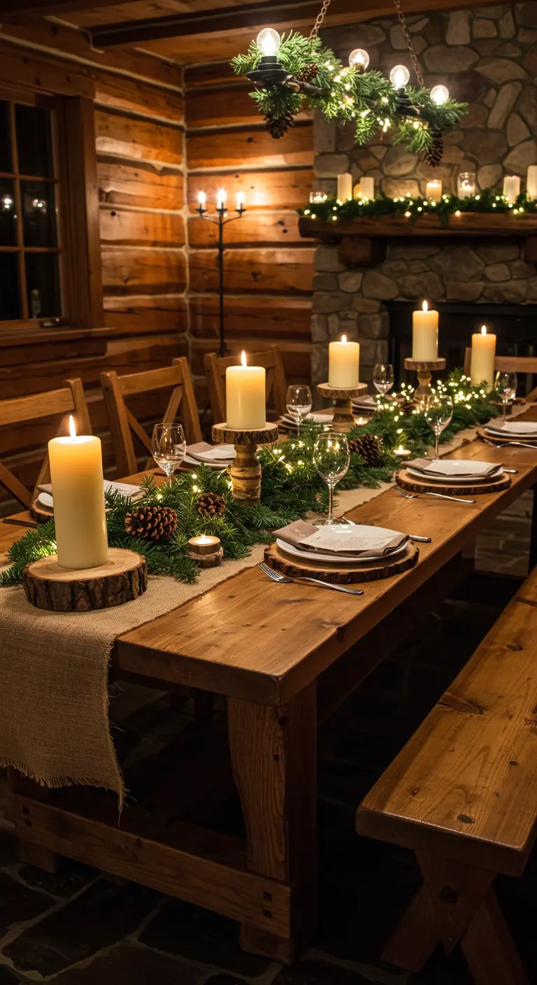 Rustic log cabin dining table with candles on wood slices and evergreen garland.
