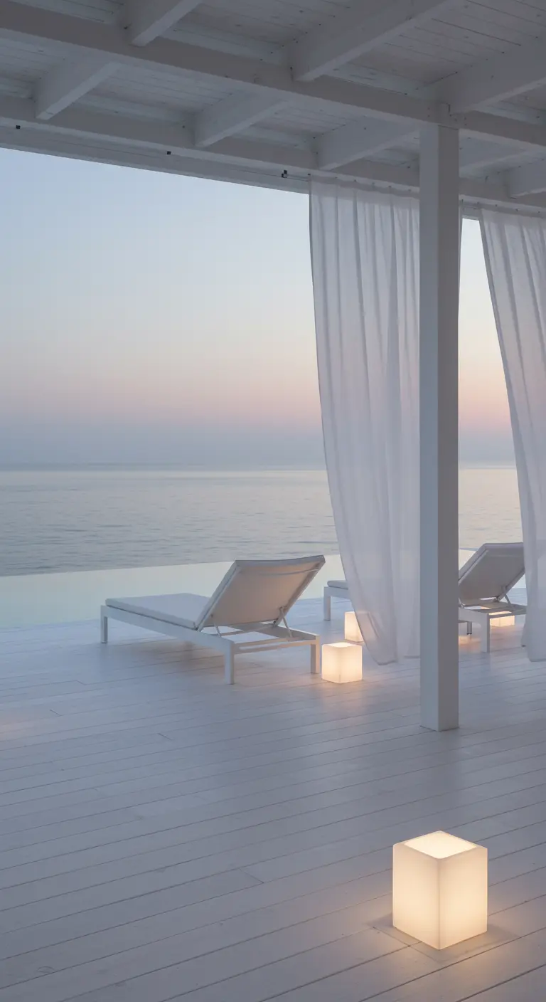 Minimalist white deck overlooking the sea with lounge chairs and glowing cube lights.