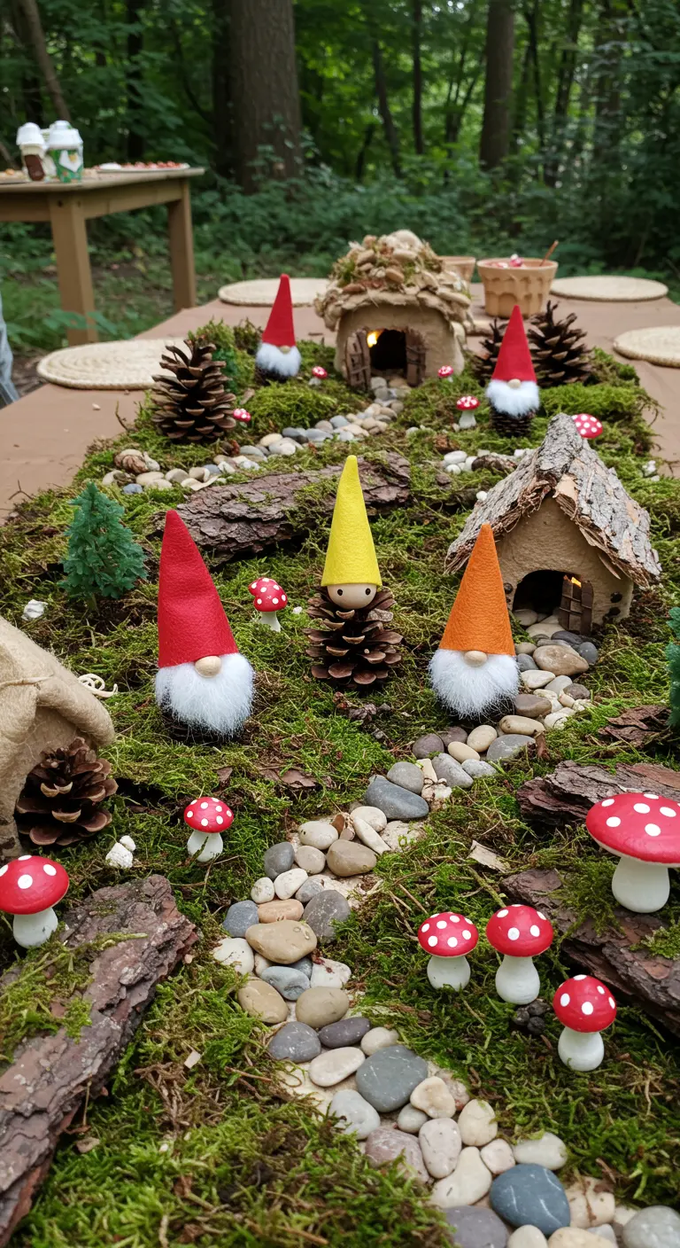A table centerpiece decorated as a gnome village with pinecone gnomes, moss, and bark houses.