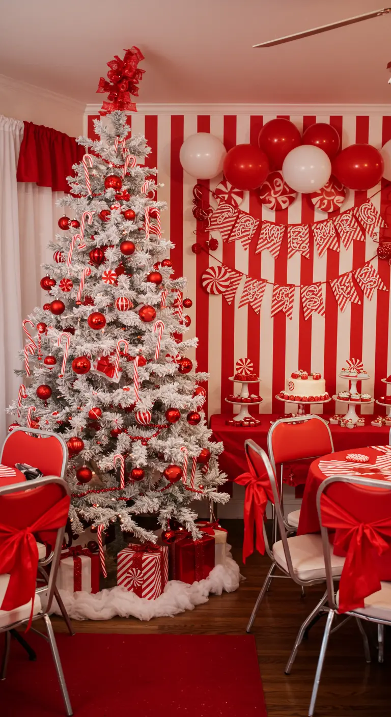 A party room with a bold red-and-white candy cane theme, including a flocked tree and striped wall.