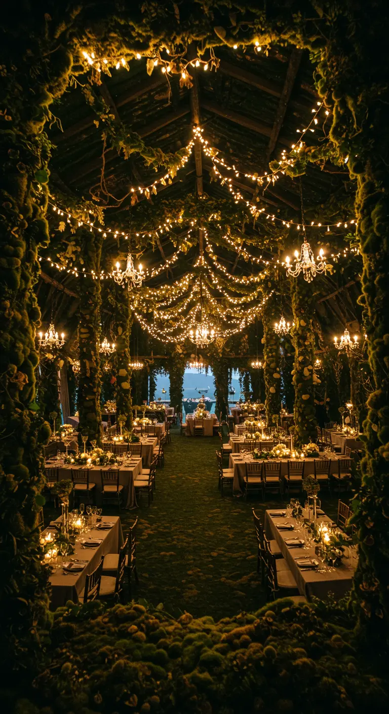 A grand party hall with pillars and ceiling completely covered in moss and fairy lights.