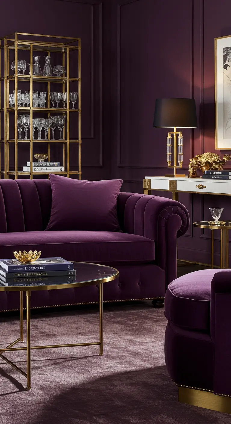 A deep purple living room with a velvet sofa and a gold étagère.
