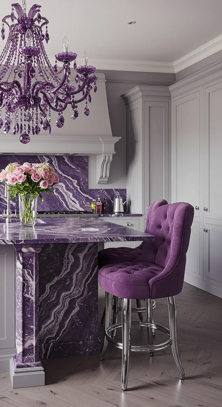 A kitchen with grey cabinets, a vibrant purple crystal chandelier, and matching purple marble and stools.