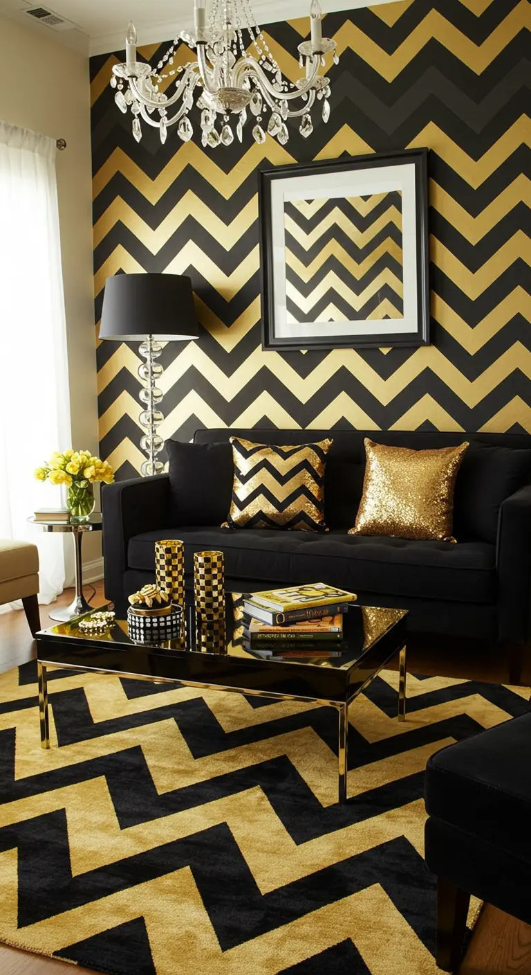 A living room with bold black-and-gold chevron wallpaper and a matching rug.